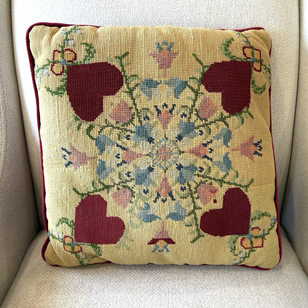 VTG Handmade Needlepoint Pillow Folk Art Floral Hearts Cottage Scandi 15X15 80s
